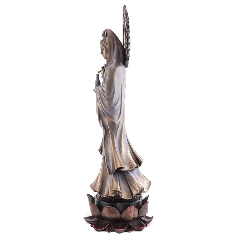 Top Collection Guan Yin Statue Standing on Lotus Pedestal- Quan Yin East Asian Goddess of Compassion and Mercy Sculpture in Premium Cold Cast Bronze - 16.75-Inch Collectible Meditating Buddha Figurine - Image 4